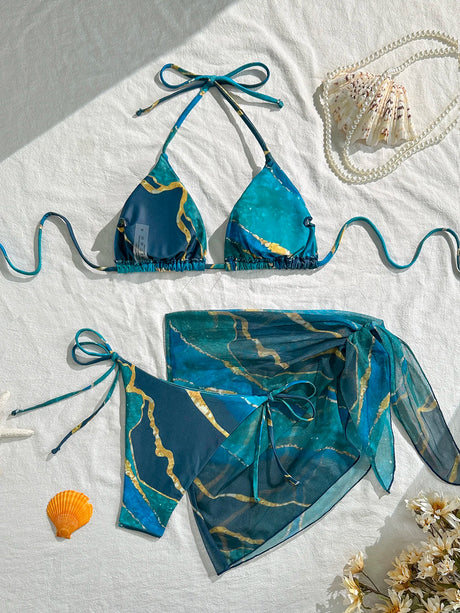 Women's Bikini Swimsuit Set, Blue Marble Three-Piece Swimsuit, Sexy Triangle Top with Straps, Triangle Bottoms with Mesh Overlay, Half Skirt
