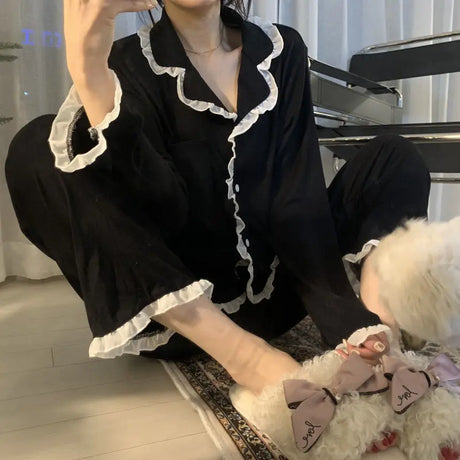 2Pcs/set Women's Nightwear Sexy Lace Long Sleeve Long Pants Simple Black Autumn and Winter Cardigan Young Girls Clothes Womens