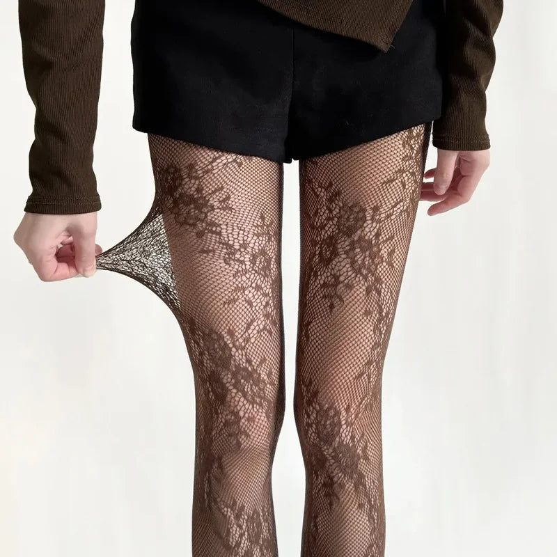 Harajuku Black White Brown Hollowed Out Lace Mesh Pantyhose Floral Rattan Bottomed Stockings Sexy Women Tights Fashion Hosiery