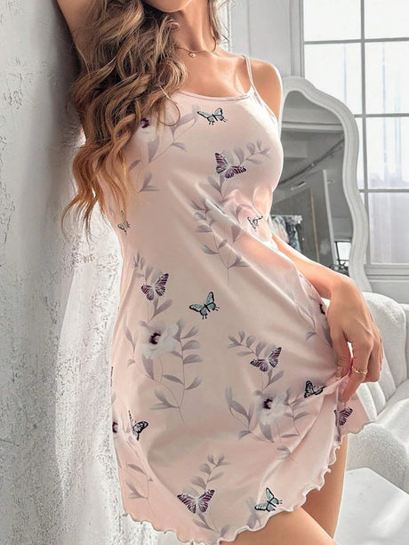 New Women's Silk Satin Print Nightwear Home Clothes Sexy Sleeveless Ruffled Hem Sleep Dress Female Comfortable Nightgown Clothes