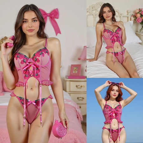 Sweet Girl Style Strawberry Embroidery Lace Bra With Bow Adjustable Garter Belt Waist-Cinching Corset Set Fashion Sexy FB7X