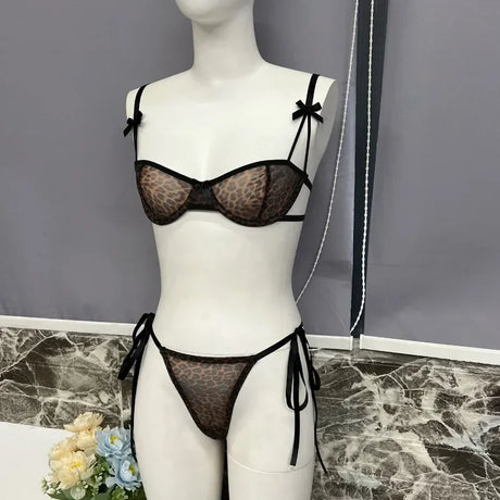 Two Piece Sexy Leopard Women's Lingerie Sets French Ultra Thin See Through Underwire Bra and Panty Erotic Lace Up Bow Underwear
