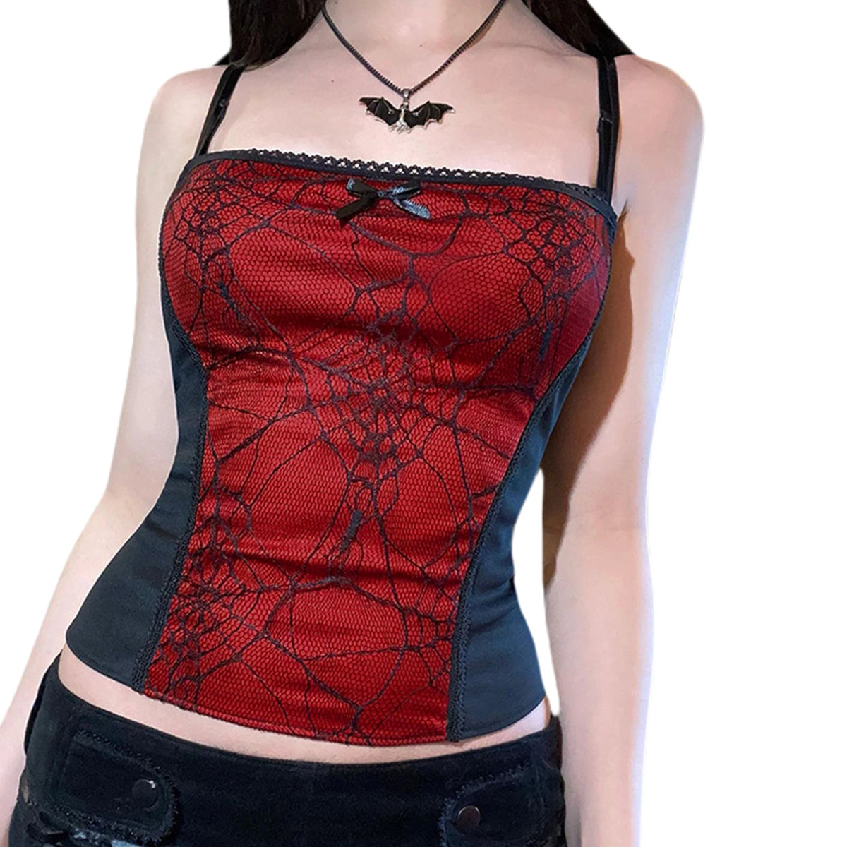Combhasaki Summer Women's Sexy Gothic Halloween Backless Camisole Spider Web Lace Edge Back Zipper Sleeveless Slim Fit Tops