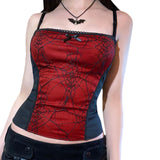 Combhasaki Summer Women's Sexy Gothic Halloween Backless Camisole Spider Web Lace Edge Back Zipper Sleeveless Slim Fit Tops