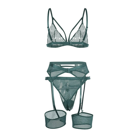 Underwire Lace Garter Lingerie Set Three Piece Womens' Erotic Underwear Sets Ladies Nightwear Intimates 3pc Lingerie Outfits