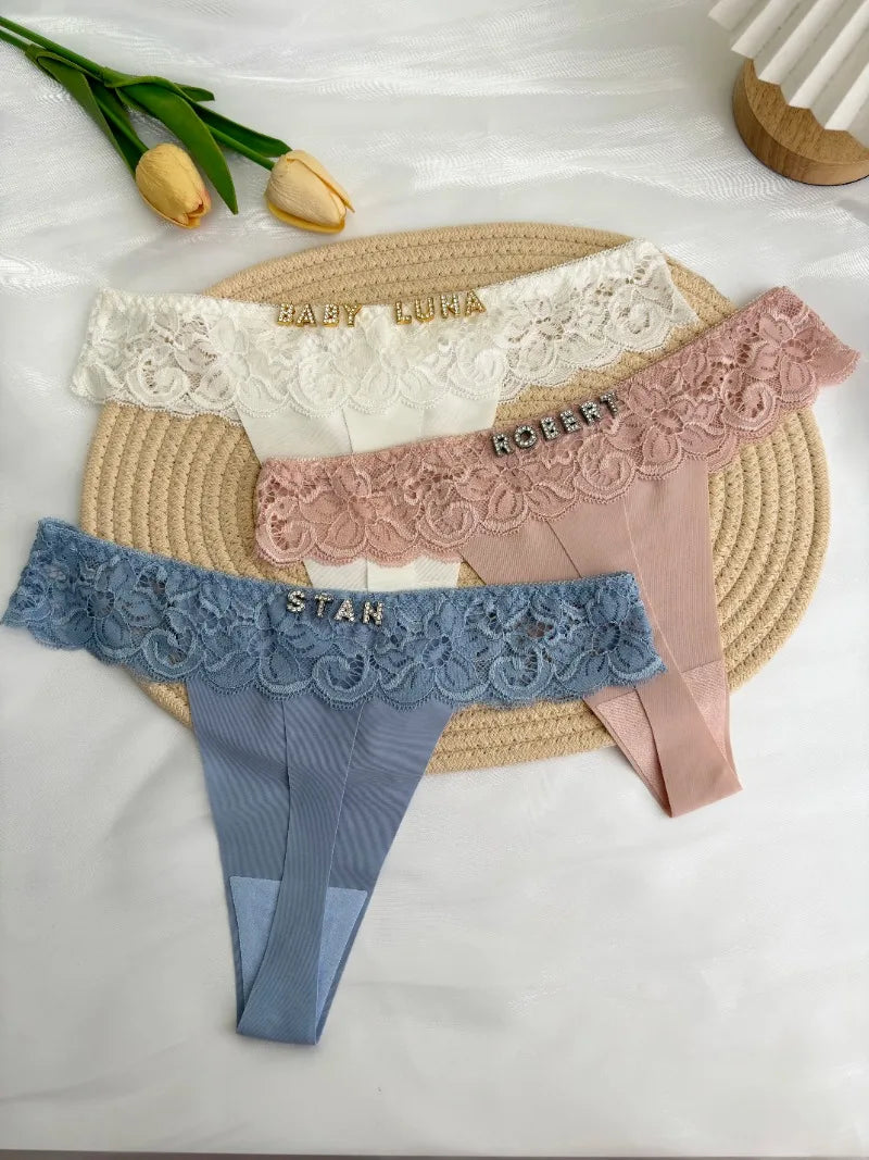 Personalized Custom Thong Name Crystal Letter G-String Low Waisted Lace Thong Ice Silk Bikini Panties Hot Wife Girlfriend Gift