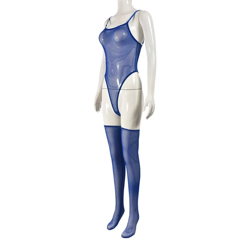 Toucheart Erotic Dress with Leg Socks Mesh See-through Patchwork Seductive Body Shaping Backless Women Intimate Hollow Dress Set