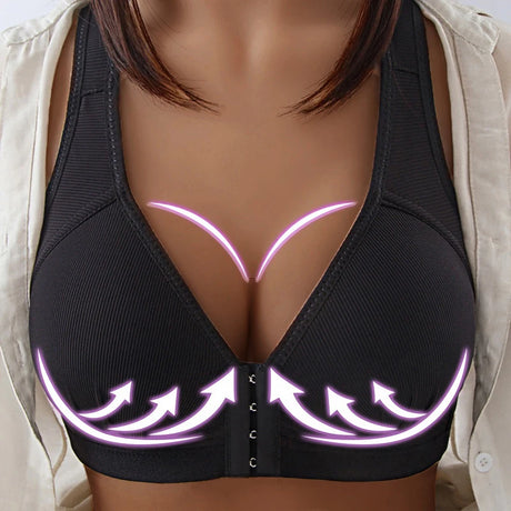 Women's Bra Wire-Free Front Closure Solid Color Full Coverage Fixed Cups Push up Brassiere Gather Bra Shockproof Underwear