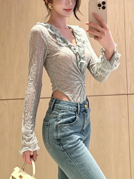 Sisterlinda Fashion Patchwork Bodysuits Women Autumn Trend Ruched Deep V-Neck Full Sleeve Midnight Party Club Hottie Simple Top
