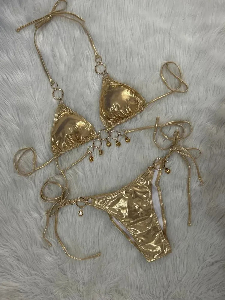 New 2026 Luxury Rhinestones String Bikinis Set Women Summer Beach 2 Piece Swimsuit Female Triangle Swinwears