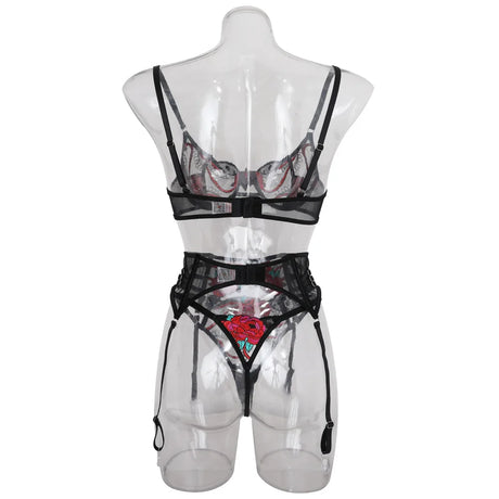 Ellolace Seductive Sexy Lingerie Bra Belt Thong 3PC Set Beautiful Floral Embroidered Intimate Tempted Women Underwear