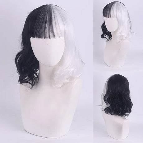 Cosplay Halloween Party Wigs CRUELLA Deville De Vil Black White With Bangs Short Bob Hair for Women Heat-Resistant Synthetic Wig