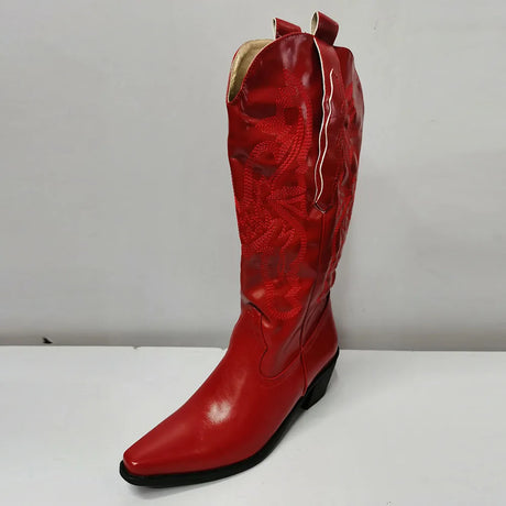 White Cowgirl Western Boots Embroidery Cowboy Boots for Women 2026 Brand Fashion Chunky Heeled Women Mid-Calf Boots Shoes Comfy