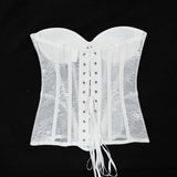 Women Mesh Corset Busiter Overbust Cups Push Breast Floral Lace Bodice Sext Tansparent Strapless Crop Tops Lace Up Steel Boned