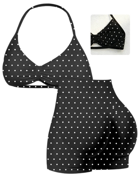 Polka Dot Yoga Set Halter Sports Bra High Waist Booty Shorts Push Up Gym Outfit for Running Fitness