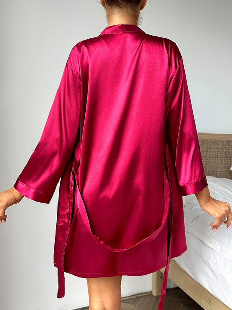 Women's elegant silk lace trimmed pajama set Comfortable robe with sexy nightdress