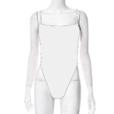 Y2k Streetwear Tops Thin Shoulder Strap Fashion Bodysuit New Women Slim Fit Short Patchwork Backless Pure Colour Hollow Jumpsuit