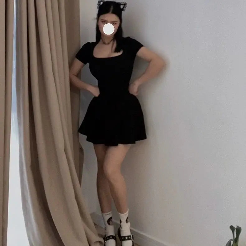 Pleated Slim Korean Fashion Mini Dress Woman Sexy Skinny Y2K Party Evening Black Kpop Vintage Short Dresses Women Cheap Clothes
