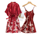 Sexy Nightwear Gown Set Women 2PC Pyjama V-Neck Pajamas Silky Sleepwear Spring Lady Sleep Suit Robe Wear Home Negligee Homewear