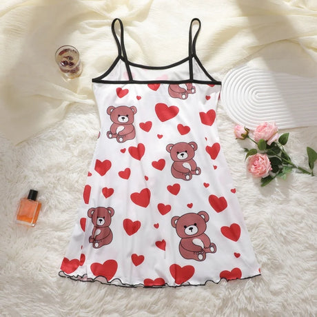 Summer Women Satin Sleepdress Cute Teddy Bear Butterfly Heart Floral Pinting Sleepwear Ladies Sexy Sling Ruffled Hem Loungewear