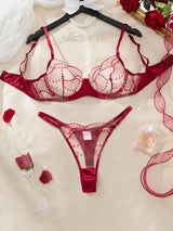Women Red Embroidery Lingerie Set Sheer Mesh Underwire Bra And Thong Satin Trim Intimate Underwear ZA825287