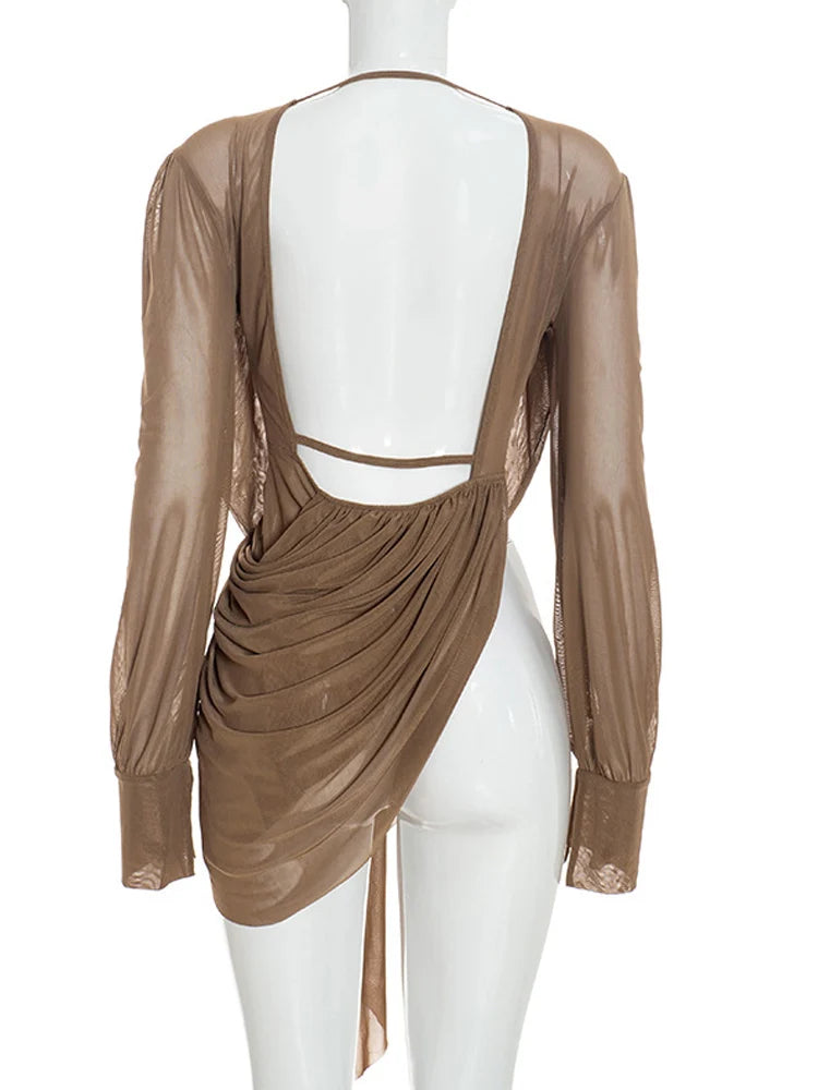 Beyprern Chic Y2K Aesthetic Plunging Neckline Mesh Top Female Draped Asymmetrical Long Sleeve Cover Up Blouse Night Out Clubwear