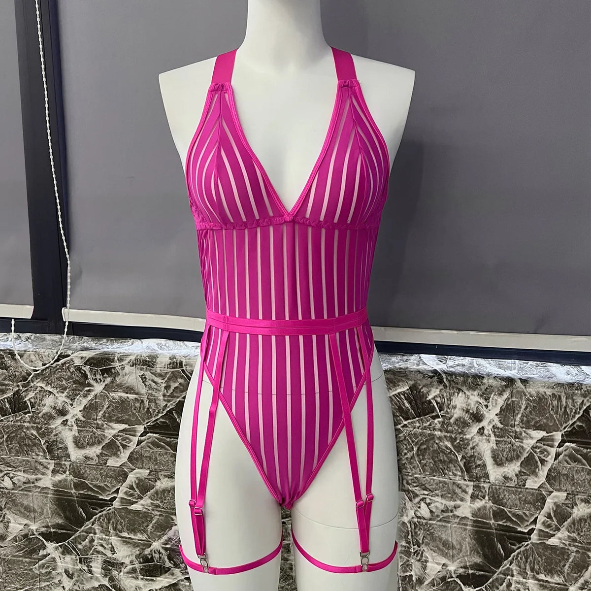 Sexy Lingerie Strip See Through Bodysuit Deep-V Halter Erotic Costumes Backless Jumpsuit Suspenders Underwear Women Garter 2024