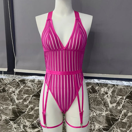 Sexy Lingerie Strip See Through Bodysuit Deep-V Halter Erotic Costumes Backless Jumpsuit Suspenders Underwear Women Garter 2024