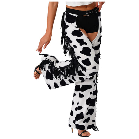Womens Cow Spot Pattern Flannel Long Pants Adjustable Waist Open Crotch Biking Riding Cowgirl Chaps Halloween Cospaly Costume