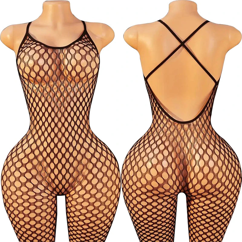 Sexy Crotchless Lingerie Women Open Back Teddies Body Suits Mesh See Through Bodystockings Full Sleeve Leopard Print Bodysuits