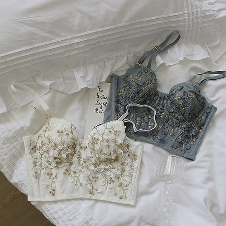 Three-Dimensional Embroidered Bra Sexy Lace Fish Bone Corset Widened Breasted With Steel Ring 2/1 Half Cup Bralette Underwear