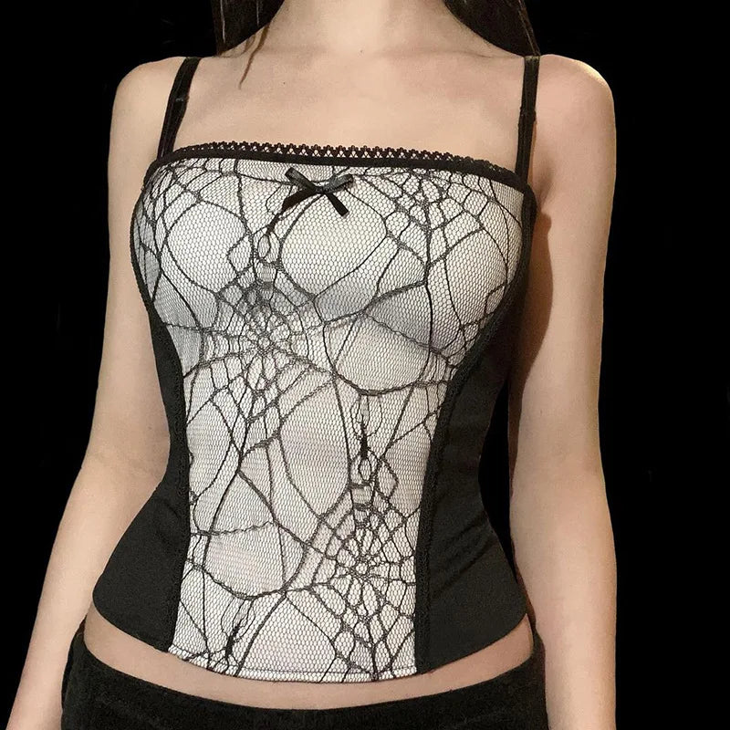 Combhasaki Summer Women's Sexy Gothic Halloween Backless Camisole Spider Web Lace Edge Back Zipper Sleeveless Slim Fit Tops