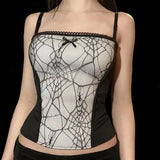 Combhasaki Summer Women's Sexy Gothic Halloween Backless Camisole Spider Web Lace Edge Back Zipper Sleeveless Slim Fit Tops