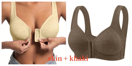 Women's Bra Wire-Free Front Closure Solid Color Full Coverage Fixed Cups More Considerate for Middle-Aged And Elderly Individual
