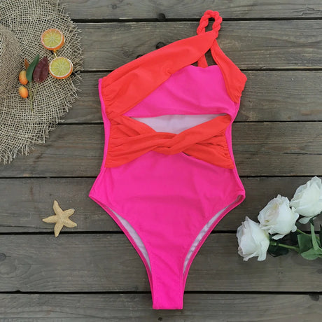 Sexy One Piece Swimsuit One Shoulder Solid Cut Out Monokini Pattern Women's Swimwear Slimming Bodysuit Women Beachwear 2022