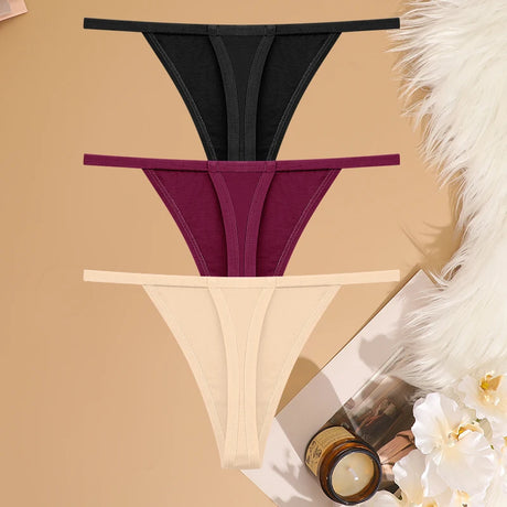 3Pcs/Set Women Sexy Cotton G-String Thin Strap Femme Thong Underwear Intimate Panties Low Waist Briefs Lingerie Cotton T-back