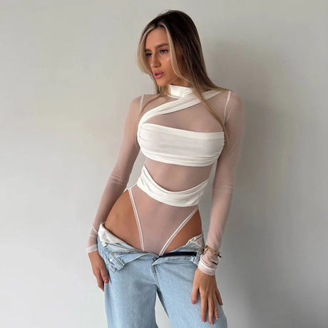 New 2026 White Bandage Bodysuit Women Mesh Transparent Sexy Slim Stretchy Jumpsuit Top T-shirt Long Sleeve Design 66005