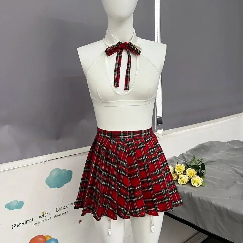 Teacher Cosplay Lingerie Sheer Halter Bra Plaid Skirt See Through Intimate Goods Sissy Erotic Crotchless Briefs Outfits