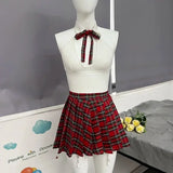 Teacher Cosplay Lingerie Sheer Halter Bra Plaid Skirt See Through Intimate Goods Sissy Erotic Crotchless Briefs Outfits