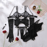 Ellolace Solid Women's Lingerie Sets Seductive See Through Bra Belt Thong 3PC with Gloves Stockings Sissy Sexy Women's Underwear