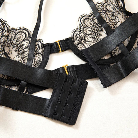 Krasapt Luxury Black Flower Embroidery Lingerie 4 Pcs Sets Fancy Mesh Transparent Metal Buckle Bra And Thong Garter Erotic Set