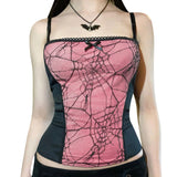 Combhasaki Summer Women's Sexy Gothic Halloween Backless Camisole Spider Web Lace Edge Back Zipper Sleeveless Slim Fit Tops