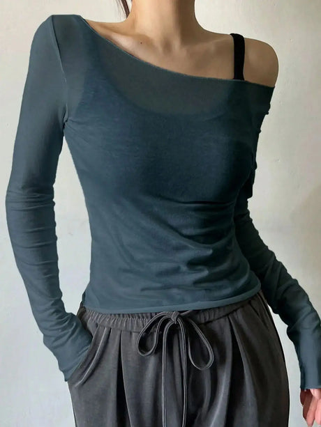 2026 New Arrival Women's T-Shirt: Off-the-Shoulder Semi-Sheer Long-Sleeved Casual Sexy Halter Neck