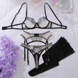 Ladies' New Fashionable and Sexy Lace Embroidered Western Region Style Luxury and Beautiful Underwear and Underwear 4-piece Set