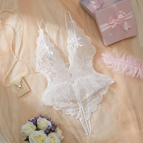 Sexy White Lace Bodysuit: Crotchless & Backless Teddy Lingerie Set, Sheer Hollow Out Party Costume for Women