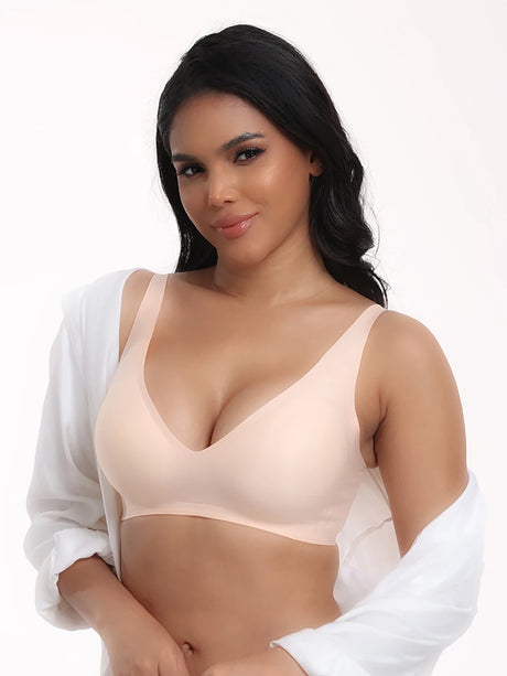 Jelly Wireless Bra Deep V Push Up Seamless T-Shirt Comfortable Plunge No Underwire Bras with Adjustable Straps Everyday Bras