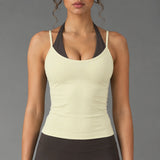 Women Color Block Sleeveless Tank Top Quick Dry Fake Two Piece Sports Bra Running Gym Pilates Yoga Workout Top