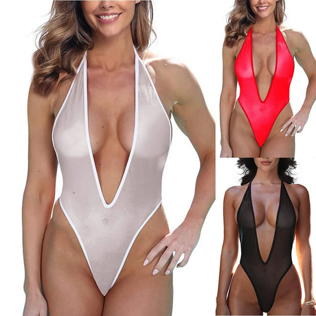 Sexy Women Ultra Thin Mesh Perspective Bodysuit Deep V Neck See-through Erotic Lingerie Sleepwear Backless Jumpsuit Swimsuit