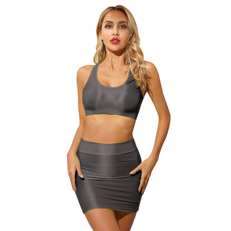 Womens Glossy Lingerie Sleeveless Crop Tank Tops Low Rise Miniskirt with Thigh High Stockings Pool Party Pole Dance Clubwear