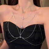 Fashion Square Zircon Chest Chain for Women Personalized Sexy Multi Layer Chain Tassel Body Chain Beach Bikini Jewelry Gift